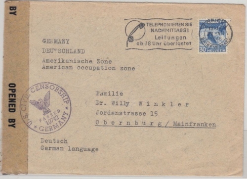 Schweiz - Zürich 1946 Zensurbrief n. Oberndorf US-Zensur Motiv Telefon