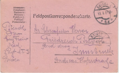 Österreich - Brixen 1915 Feldpostkarte 2. Rgt. Tiroler Jäger n. Innsbruck