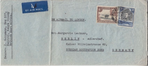 Ostafrik. Gemeinschaft - Luftpostbrief (Airmail to London !) Nairobi Berlin 1946