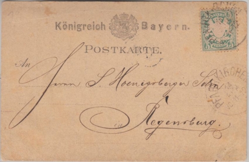 Bayern - 5 Pfg. weite Welle a-Farbe Karte Pfarrkirchen - Regensburg ca. 1876/77