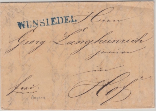 Bayern - Wunsiedel blauer L1 1832 Frankobrief n. Hof - mit Inhalt