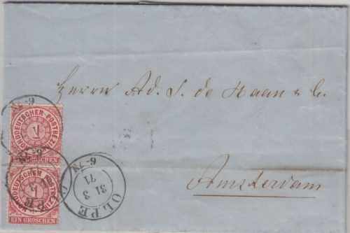 NDP - 1 Gr. gez. senkr. Paar Brief n. HOLLAND Olpe - Amsterdam 1871 - mit Inhalt