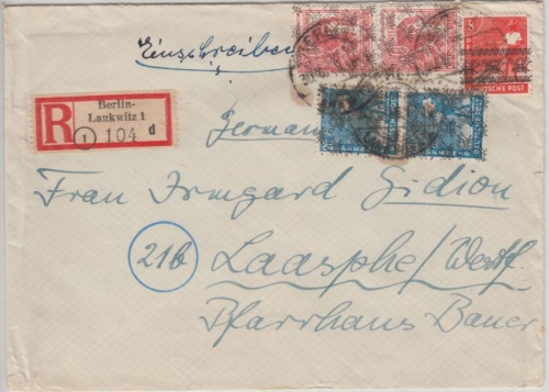 Bizone - 2x30 Pfg. Arbeiter/Netz u.a. Einschreibebrief Berlin-Lankwitz 30.6.48