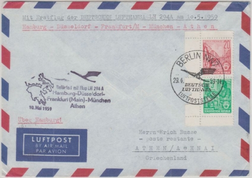 DDR - Zuleitungspost LH-Erstflug Hamburg-Düsseldof-Frankfurt-München-Athen 1959