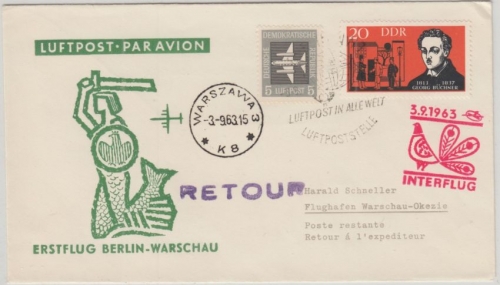 DDR - Interflug Erstflug Berlin - Warschau illustr. Luftpostbrief 1963