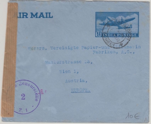 Indien - 12 A. Ganzsache Luftpost Zensurbrief n. ÖSTERREICH Bombay Wien 1952