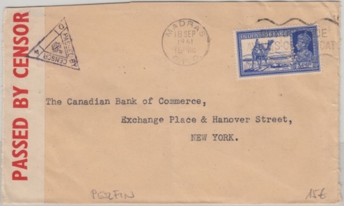 Indien - 3 A. 6 P. Kamelpostreiter Perfin TCB Zensurbrief n. USA Madras 1941 n.