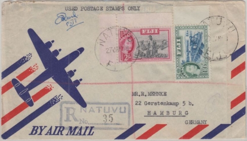 Fiji - 2Sh + 1'6 Sh. Freimakren Luftpost Einschreibebrief Natuvu - Hamburg 1958