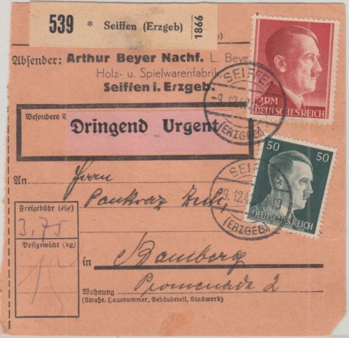 DR - 3 RM AH u.a. Dringend Paketkarte Seiffen - Bamberg 1942