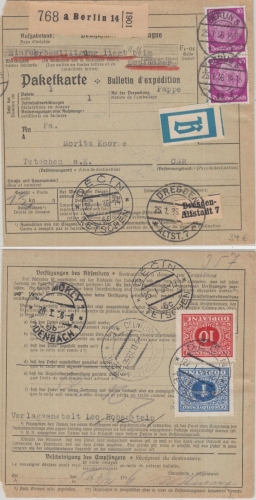DR - 2x40 Pfg. Hindenburg Paketkarte/Beutelstück n. TSCHECHIEN Berlin 1936