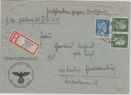 DR - 20+2x5 Pfg. AH Einschreibebrief gg. Rückschein Goldberg - Berlin 1942