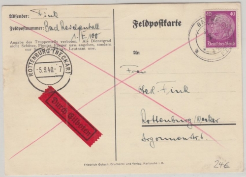 DR - 40 Pfg. Hindenburg Eilbotenkarte Feldpost Bad Reichenhall - Rottenburg 1940