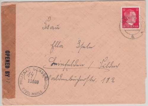 DR - Kölleda 31.3.45 Brief Überroller n. Leinfelden- US-Zensur