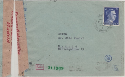 DR - 25 Pfg. AH Brief n. SPANIEN Stuttgart - Madrid 1942 dt.-span. Doppelzensur
