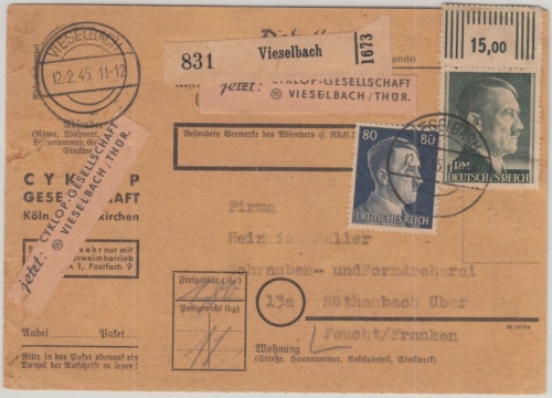 DR - 1 RM + 80 Pfg. AH Paketkarte Vieselbach - Röthenbach 12.2.45