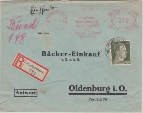 DR - 30 Pfg. AH + 12 Pfg. AFS Einschreibebrief Wilhelmshaven - Oldenburg 1942