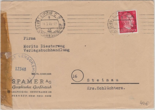 DR - 12 Pfg. AH Brief Überroller Leipzig 14.3.45 n. Steinau Kr. Schlüchtern