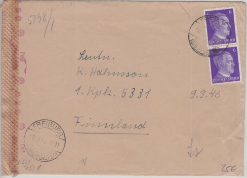 DR - 2x6 Pfg. AH Brief n. FINNLAND an einen finnischen Leutnant Freiburg 1943