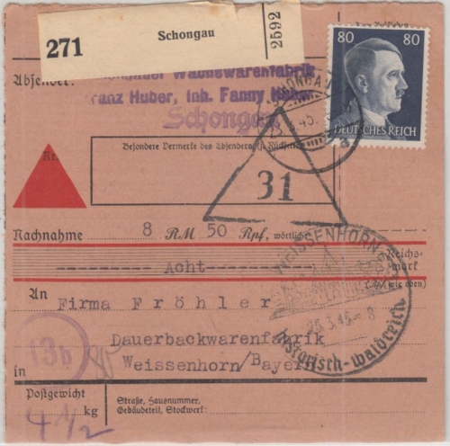 DR - 80 Pfg. AH Nachnahme Paketkarte Schongau - Weißenhorn 25.3.45 !!
