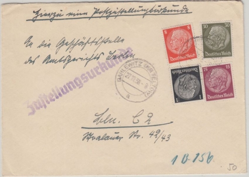 DR - 30+15+8+1 Pfg. Hindenburg Zustellurkunde Dahlewitz - Berlin 1938 selten !