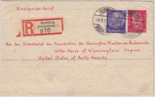 DR 40+15 Pfg Hindenburg Einschreibebrief n USA Homberg 1933 Roosevelt Collection
