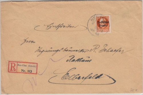 Bayern - 35 Pfg. Ludwig/Volksstaat Einschreibebrief Neu-Ulm - Elberfeld 1919