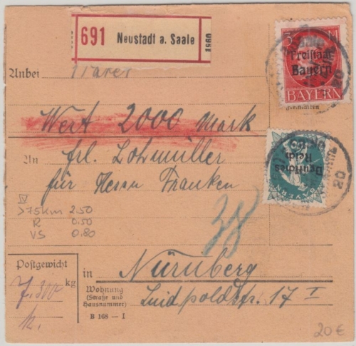 Bayern/DR - Mischfrankatur Wertpaketkarte Neustadt a.S. - Nürnberg 5.5.20