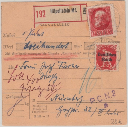 Bayern/DR Mischfrankatur Wertpaketkarte Hilpoltstein Nürnberg 22.5.20 Nachporto