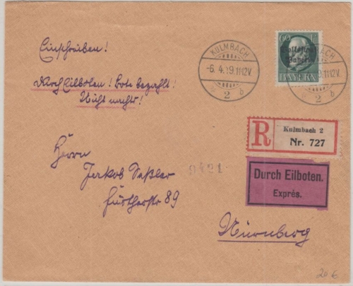 Bayern - 60 Pfg. Ludwig/Volksstaat Einschreiben Eilbrief Kulmbach Nürnberg 1919