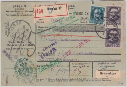 Bayern - 2x2 M. + 20 Pfg. Ludwig/Freistaat Wertpaketkarte i.d. SCHWEIZ München