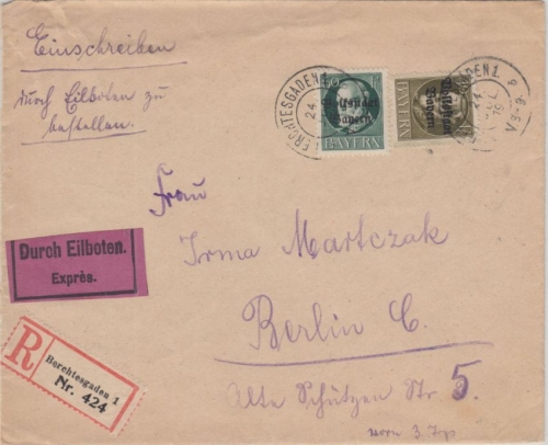 Bayern 40+60 Pfg Ludwig/Volksstaat Eilboten Einschreibebrief Berchtesgaden 1919
