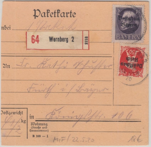 Bayern/DR Mischfrankatur Einschreibepaketkarte Wernberg 2 - Fürth 22.5.20