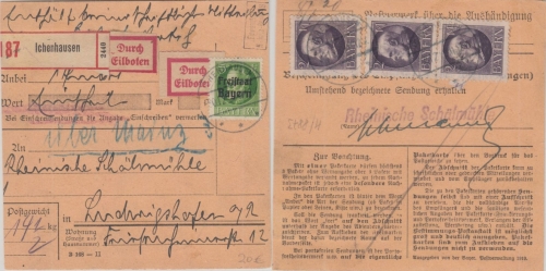 Bayern - 3x2 M. Ludwig u.a Eilboten Einschreibepaketkarte Ichenhausen 1919