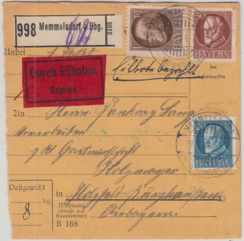 Bayern - 1 M. Ludwig u.a. Eilboten Landbestellung Paketkarte Memmelsdorf 1917 n.