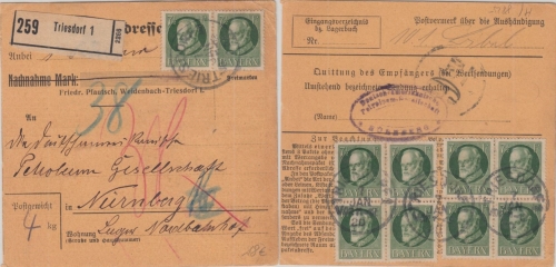 Bayern - 10x7 1/2 Pfg. Ludwig Paketkarte Triesdorf - Nürnberg 1920