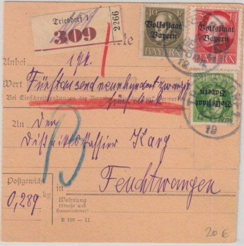 Bayern - 3 M. Ludwig/Volksstaat ua. Wertpaketkarte Triesdorf - Feuchtwangen 1919