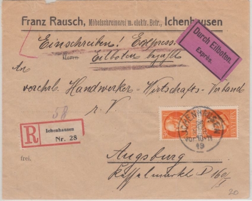 Bayern - 2x30 Pfg. Ludwig Eilboten Einschreibebrief Ichenhausen - Augsburg 1919