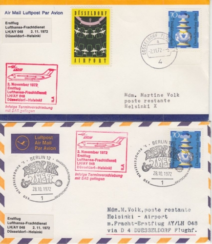 Lufthansa Erstflug Frachtdienst Düsseldorf Helsinki 1972 1x direkt 1x Zuleitung