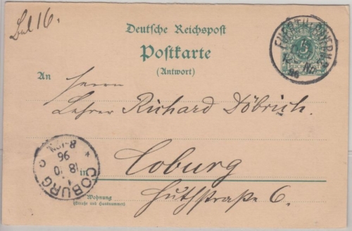 DR/Bayern - 5 Pfg. Krone/Adler Ganzsache Antwortteil bayer. K1 Fürth Coburg 1896