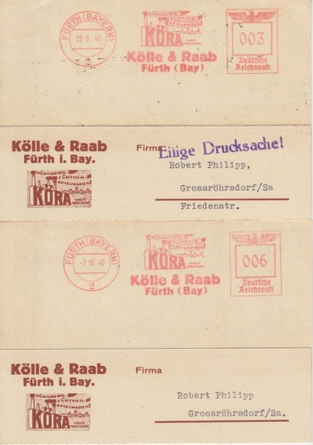 DR - Fürth 1940 3 + 6 Pfg. AFS Kölle & Raab Spielwaren Drucksache/Karte n.