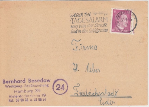 DR - (24) Hamburg 27.1.45 PLZ-Werbestempel (Tagesalarm) Karte n. Friedrichsstadt