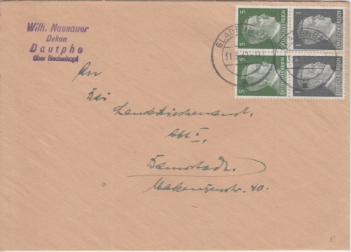 DR - 5+1 Pfg. AH 2xZusammendruck im 4er-Block Brief Gladenbeck - Darmstadt 1942
