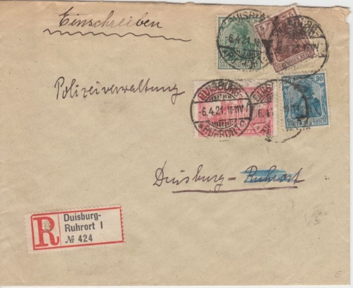 DR - 1 M. Reichspostamt u.a. Einschreiben Ortsbrief Duisburg-Ruhrort 1921