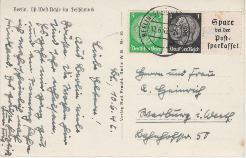 DR - 5+1 Pfg. Hindeburg Zusammendruck Karte berlin - Warburg 1942 ex EG-Str. 3