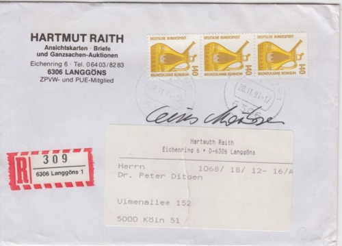BRD - 3x140 Pfg. SWK Einschreibebrief Langgöns - Köln 1991