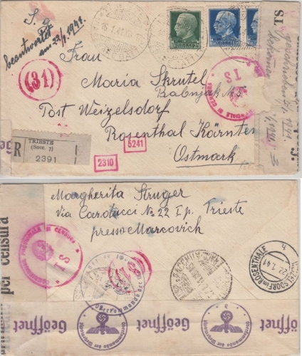 Italien - Triest 1941 Einschreibebrief n. Weizelsdorf deutsch-ital. Doppelzensur