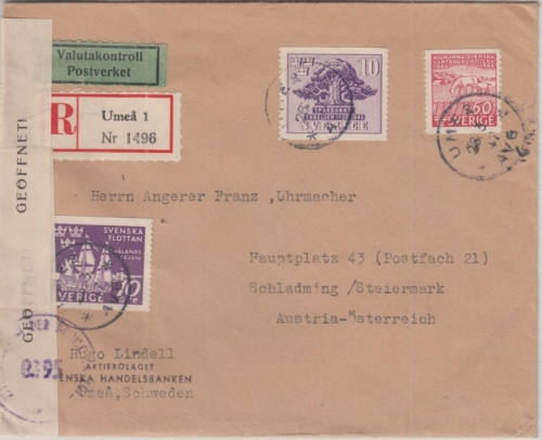 Schweden - Umea 1947 Einschreibebrief n. Österreich - österr. Zensurverschluß