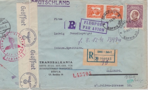 Bulgarien - 20 +2x4 L. Zar Boris III. Luftpost Einschreibebrief Sofia 1941 n.