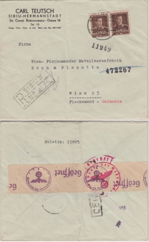 Rumänien - 2x20 L. Michael I. Einschreibebrief Sibiu - Wien 1943 OKW-Zensur