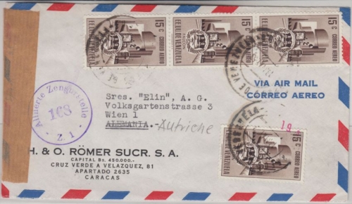 Venezuela - 4x15 C. Erdölraffinerie Luftpost Zensurbrief n. ÖSTERREICH Caracas